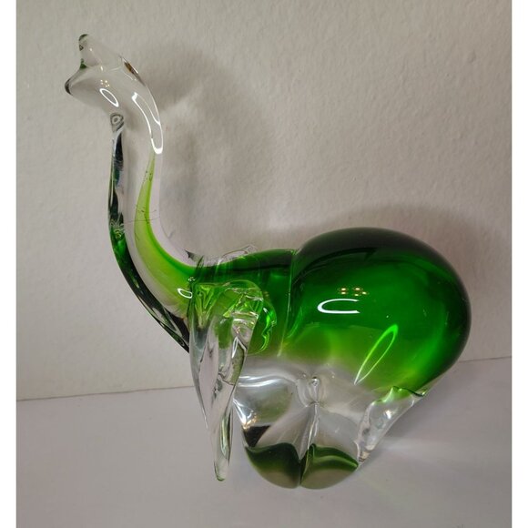 Art Glass Trunk Up Glass Elephant Figurine, Good Luck, Clear and Green, 8" - Picture 2 of 6